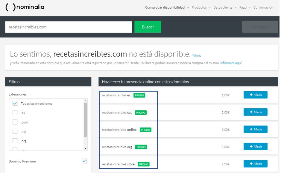 Cuando el dominio que quieres no está disponible, Nominalia te propone dominios alternativos