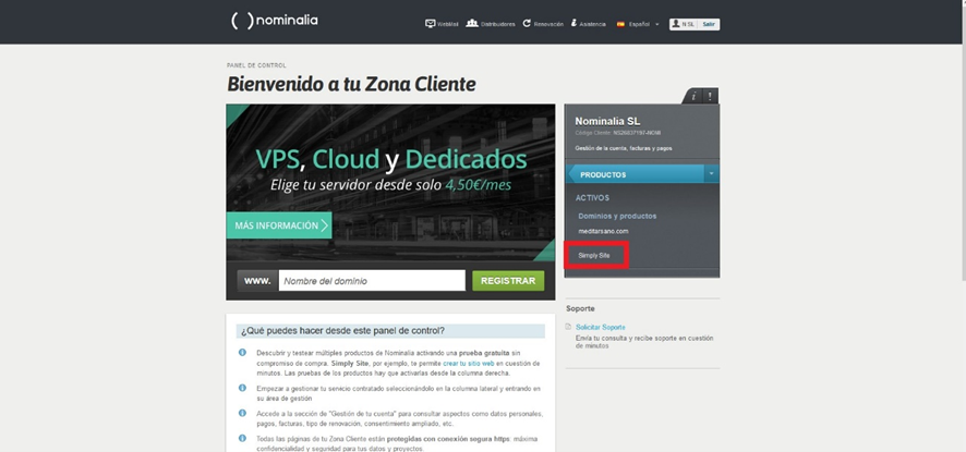 Zona Cliente de Nominalia desde donde acceder al editor Simply Site