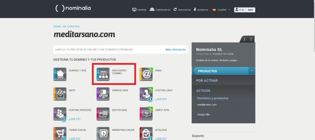 Secció "Associació domini" al tauler de control de Nominalia