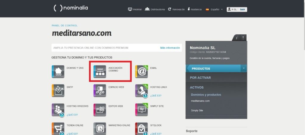 Sección "Asociación dominio" en el panel de control de Nominalia