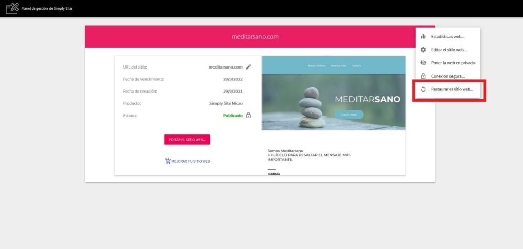Dashboard Simply Site on poder resetejar el lloc web creat
