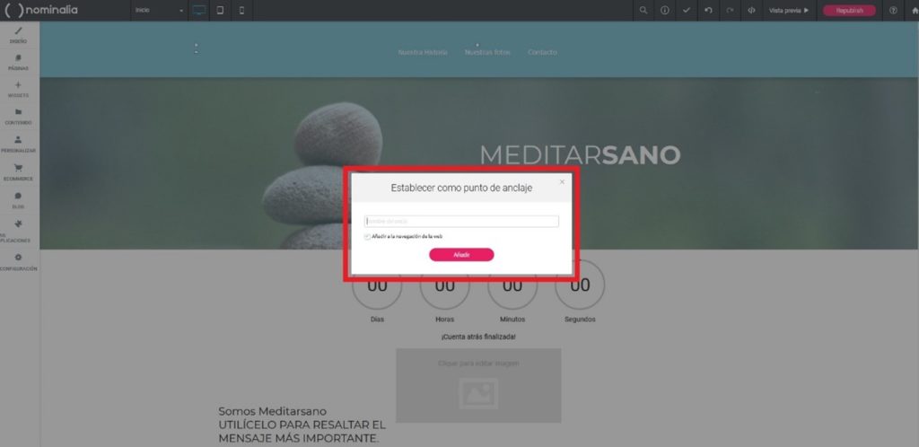 Cuadro dónde escribir nombre del ancla en el editor Simply Site