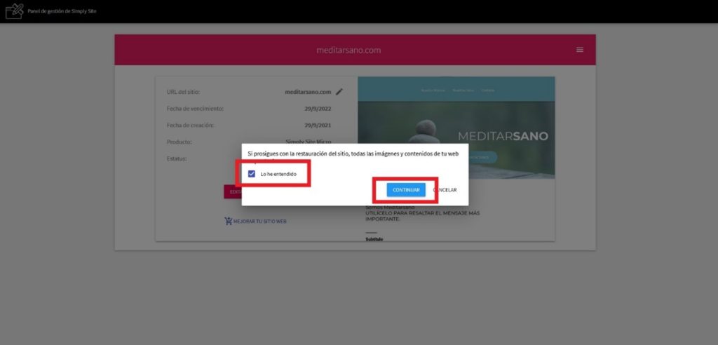 Confirmació de reset del lloc web creat amb Simply Site de Nominalia